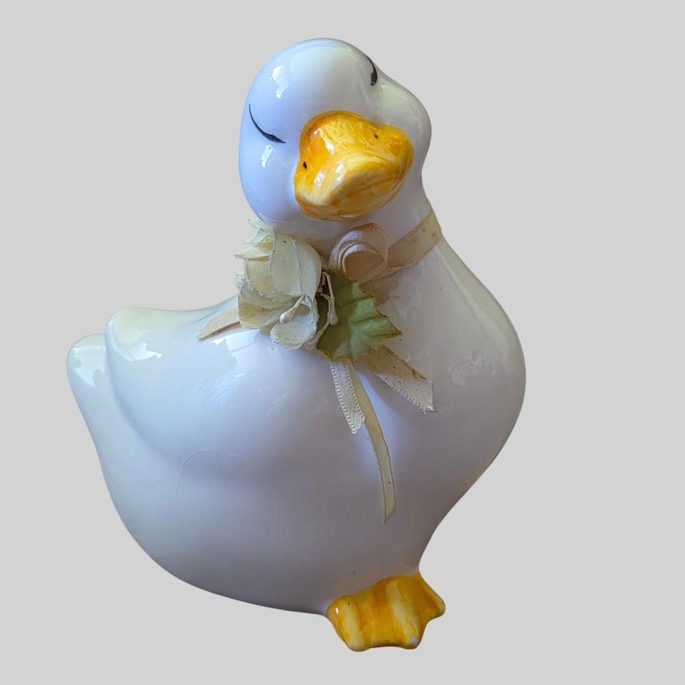 Vintage White Ceramic Duck Figurine with Flower Ribbon Collar Sleeping Eyes